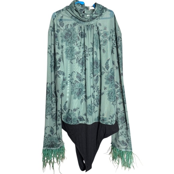 WAYF Anthropologie Mock Neck Mesh Bodysuit Green Floral Large Stretch - Picture 1 of 7